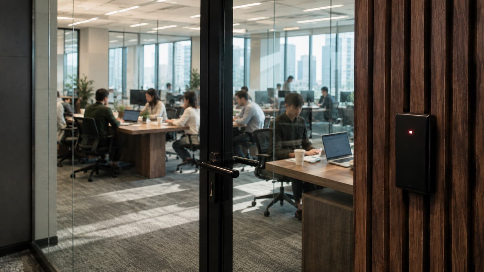 Inside an access-controlled office, seen through the glass door