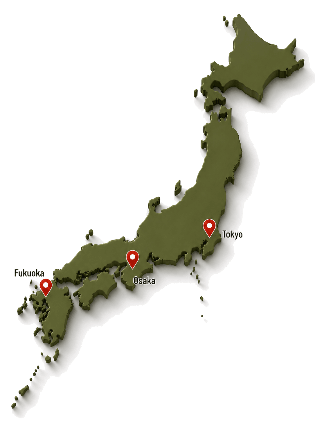 Map of Japan showing Tokyo, Osaka, and Fukuoka