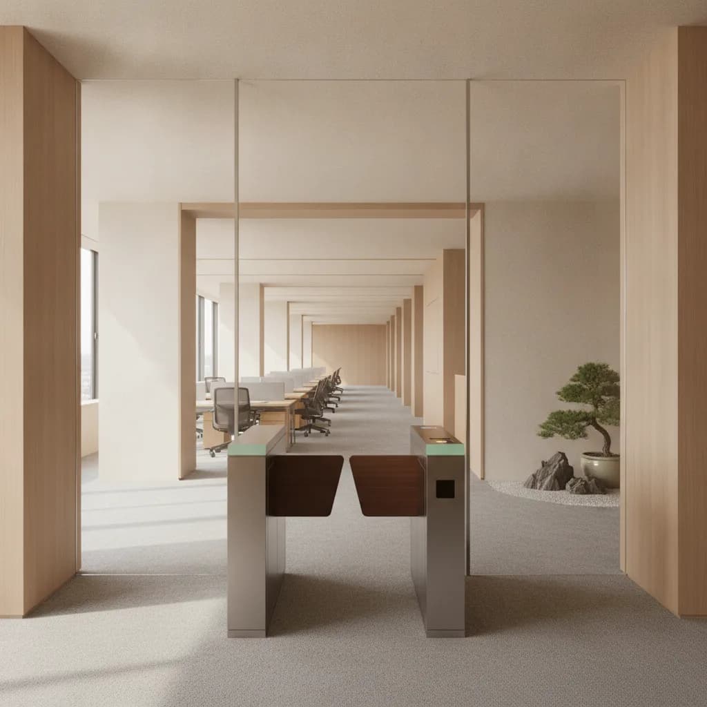 Reception and badge-access gate of a serviced office