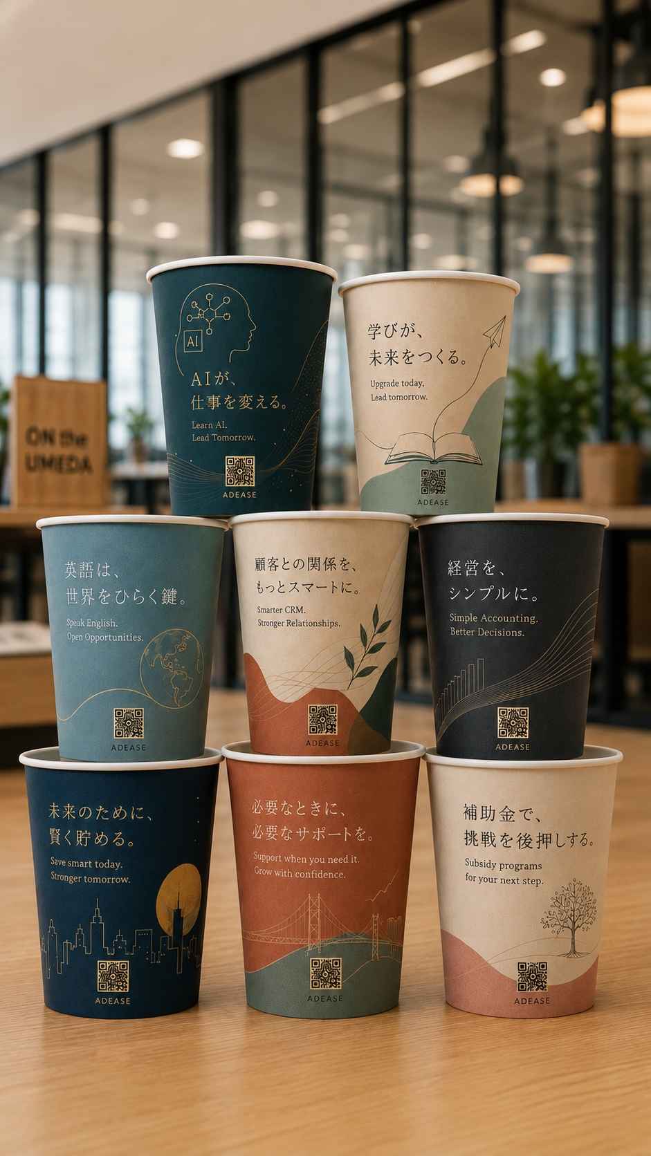 Branded paper cups in a coworking space